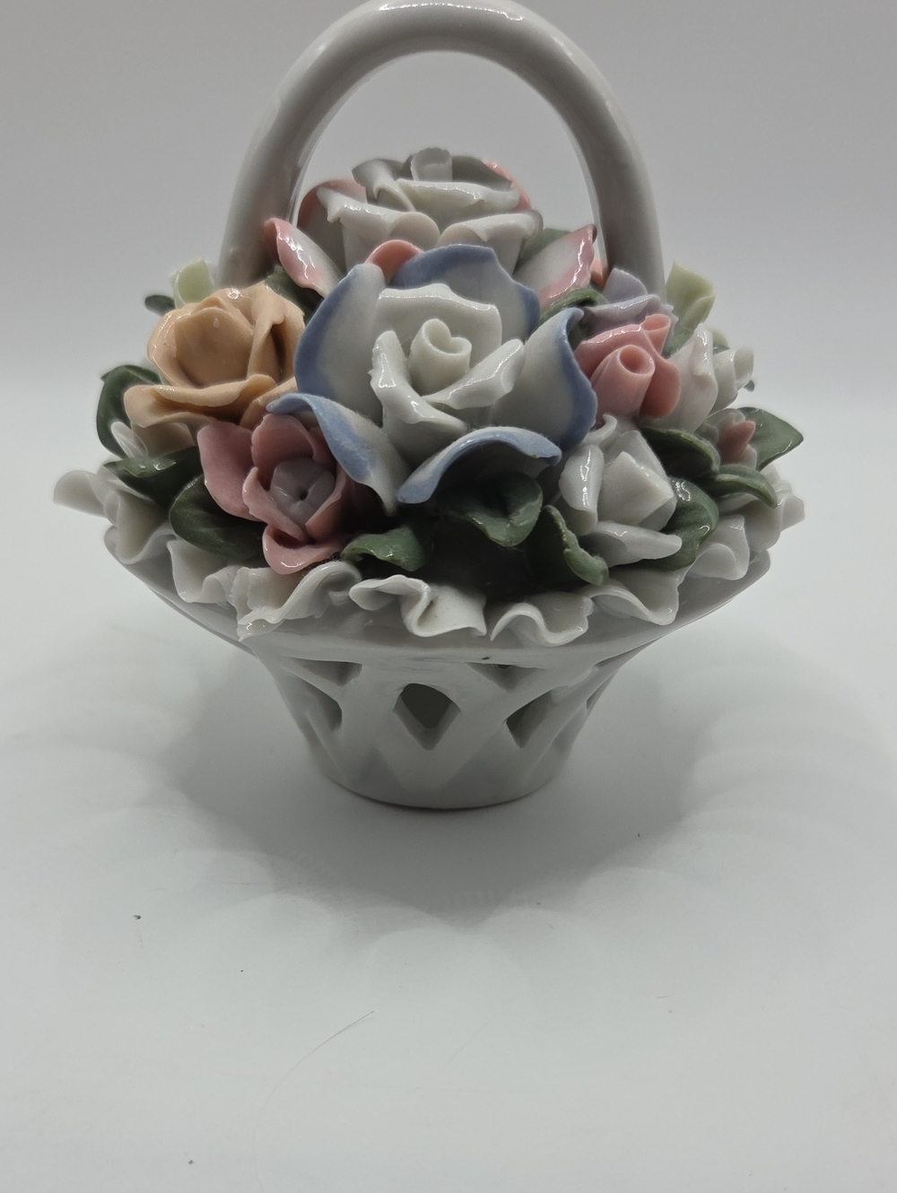 Porcelain Floral Conpodimante Basket Figurine in White with Pastel Roses
